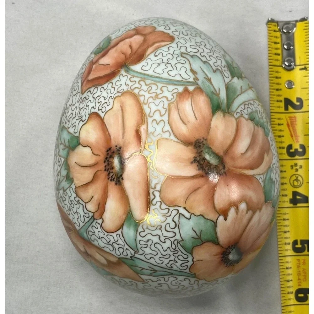Ann Fogg Hand Painted Porcelain Egg Floral Poppy Gold Trim Signed Art Pottery